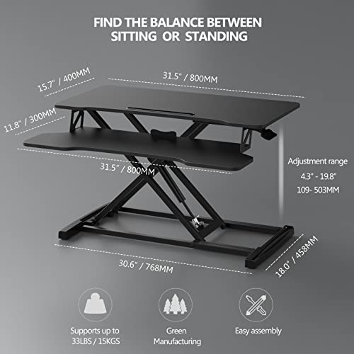 FITUEYES Height Adjustable Standing Desk 32” Wide Sit to Stand Converter Stand Up Desk Tabletop Workstation for Dual Monitor Riser FSD308001WB - color: Black