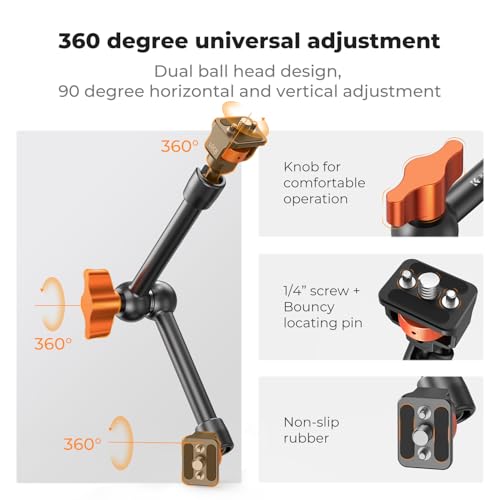 K&F CONCEPT 11" Magic Arm 1/4" Screw 360° Ball Heads Articulating Friction Camera Arm Mount for Monitor, LED Light, Webcam, Microphone, Camera Cage - size: 11 Inch
