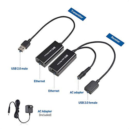 Cable Matters USB Over Ethernet Extender with Power Adapter up to 150 ft - Full USB 2.0 Support for Keyboard, Mouse, Webcam, and More