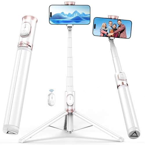 67" Selfie Stick Tripod, All in One Phone Tripod with Wireless Remote, Extendable Compact Tripods Portable Travel Stand for iPhone Android Selfie/Video Recording/Live Stream/Vlog - color: White