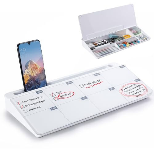 TSJ OFFICE Desktop Whiteboard Dry-Erase-Board - Computer Keyboard Stand White Board Surface Pad with Drawer, Desk Organizers with Accessories for Office, Home, School Supplies - color: White Base/Glass-weekly Calendar