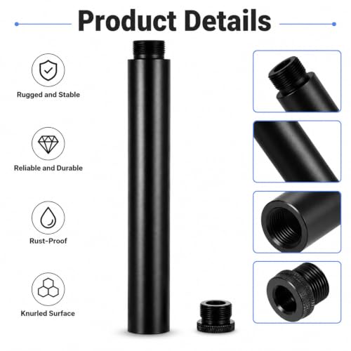 6-Inch Microphone Stand Extension Tube, Universal 5/8-27" Thread Heavy Duty Aluminum Alloy Mic Extender Pipe with 5/8" to 3/8" Adapter for Desk Base, Boom Arm, Podcast Setup