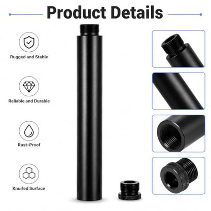 6-Inch Microphone Stand Extension Tube, Universal 5/8-27" Thread Heavy Duty Aluminum Alloy Mic Extender Pipe with 5/8" to 3/8" Adapter for Desk Base, Boom Arm, Podcast Setup