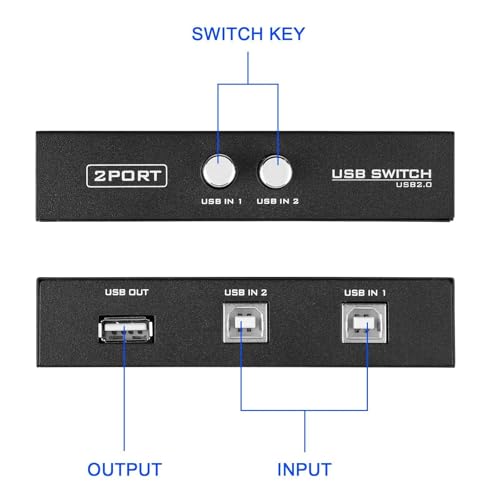EEEKit 2 Port USB 2.0 Manual Sharing Switch Hub, Printer Scanner Splitter Adapter with 2 Pack USB A to B Cables