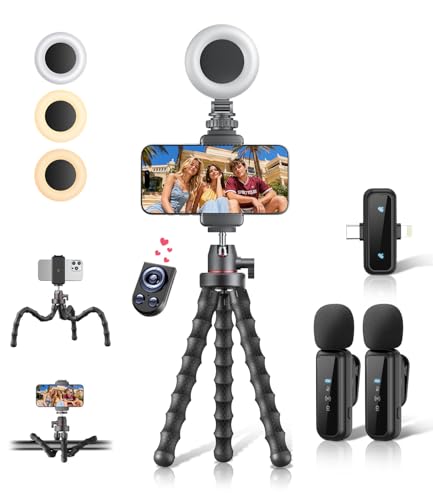 Vlogging Kit for iPhone/Android, 9" Flexible Tripod for iPhone with Light, Wireless Remote & Microphone, Adjustable Content Creator YouTube Starter Kit for TikTok/Recording/Live Streaming