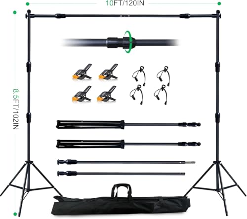 2-in-1 Green Backdrop Stand Kit - 8.5x12 ft Green Backdrop with 10x8.5ft Portable Photography Stand for Video Streaming,Zoom Meetings,Parties,Anti-Wrinkle Polyester Fabric - size: 10' (W) x 8.5' (H)