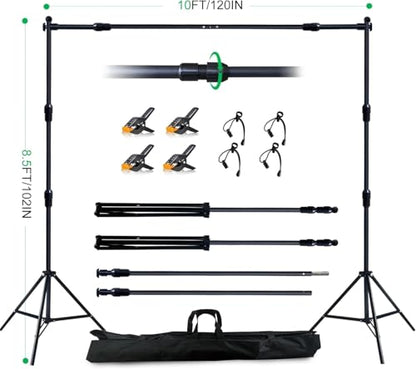 2-in-1 Green Backdrop Stand Kit - 8.5x12 ft Green Backdrop with 10x8.5ft Portable Photography Stand for Video Streaming,Zoom Meetings,Parties,Anti-Wrinkle Polyester Fabric - size: 10' (W) x 8.5' (H)