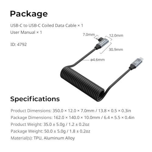 SMALLRIG USB C to USB C Coiled Data Cable (Straight to Angled), 90 Degree USB C Cable 20Gbps High Speed Data Transfer, Support PD 100W Fast Charging, for iPhone, Laptops and Cameras etc. - 4792 - size: 1.15FT-3.28FT, style: Straight to Angled Coiled
