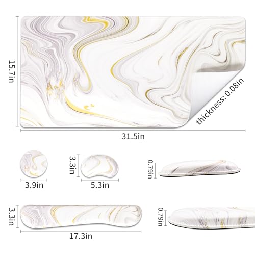 QIYI Leather Desk Mat Set, 4-in-1 Large Mouse Pad with Ergonomic Wrist Rest, Waterproof Desk Pad + Keyboard Wrist Rest + Mouse Wrist Support + Coaster, Non-Slip Office Gaming Accessories, White Marble - color: Gray White Marble