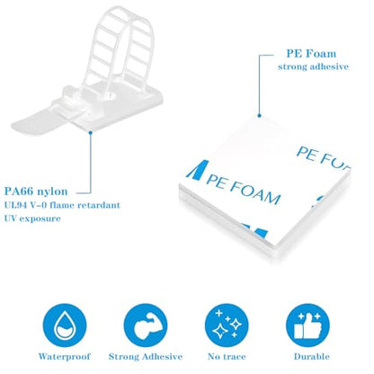 Adjustable Adhesive Cable Management Clips 50Pcs, Large self Adhesive Cable Ties Clips ，Suitable for Cable Management Under desks and on Walls (White) - color: White