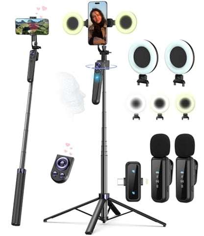 Vlogging Kit for iPhone/Android, 63”Auto Face Tracking Tripod for iPhone with Light, Wireless Microphones, Scrolling Remote Control for TikTok, Content Creator Kit for YouTube Starter - size: 63 inches