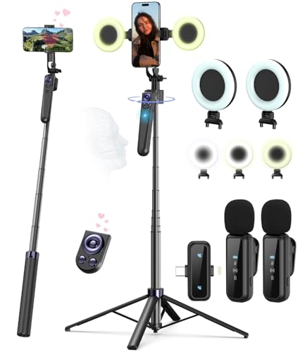 Vlogging Kit for iPhone/Android, 63”Auto Face Tracking Tripod for iPhone with Light, Wireless Microphones, Scrolling Remote Control for TikTok, Content Creator Kit for YouTube Starter - size: 63 inches