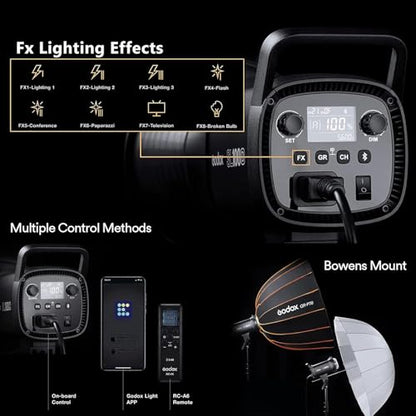 Godox SL100D 100W Daylight LED Video Light – 32,100Lux@1M, 5600K, CRI 96+, Bowens Mount LED Continuous Light, 8 FX, App Control, Silent Studio Lighting for Video Recording, Photography, Live Streaming