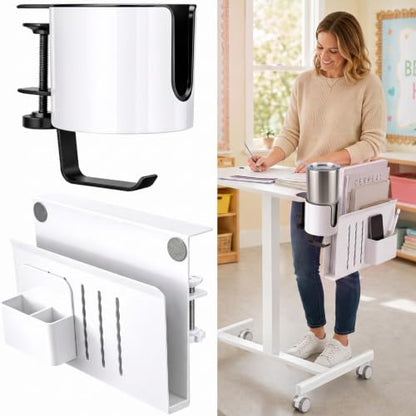 Roowest 2 Pcs Teacher Rolling Desk Accessories Cup Holder & Desk-side Storage Organizer Teacher Classroom Standing Desk Organizer White Laptop Holder with 2-layer Anti-spill Under Mug Hook, Heavy Duty