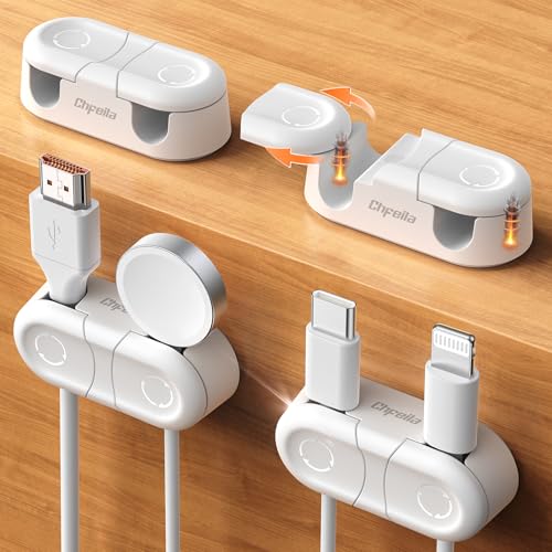 Magnetic Cable Clips - Chfeila 4Pack [Dual Slot] [360°Rotating & Twist-Lock] Cord Management, Adhesive Phone Charging Keeper, Wire Organizer Holder for Nightstand, Home Office Desk Accessories Decor - color: White-4Pack