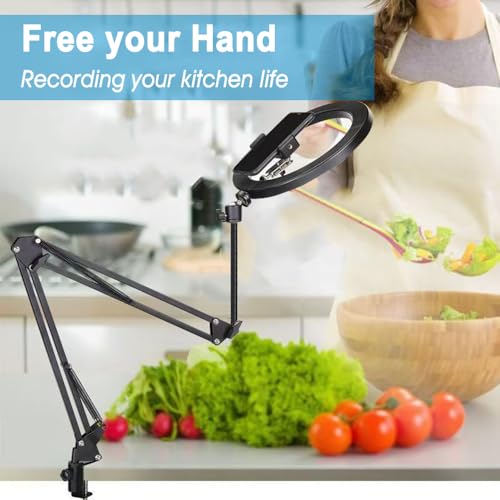 Overhead Tripod Mount for Camera Webcam Ring Light, Long Over Head Articulating Arm with Phone Holder and Ball Head, Desktop Lazy Arm Clamp Phone Stand Accessory for Live Streaming,Video Recording
