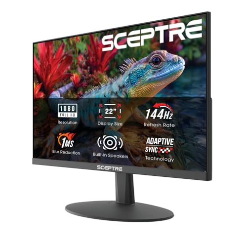 Sceptre New 22-Inch Gaming Monitor, FHD 1080p, Up to 144Hz, HDMI, DisplayPort, Built-in Speakers, Machine Black (E225W-FW144 Series, 2026) - size: 22