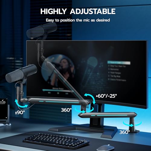 ARES WING Aluminum Low Profile Mic Arm with 4.4 lbs Load Capacity, Adjustable Microphone Boom Arm with 3/8” to 5/8” Screw Adapter, Desk Mount Mic Stand for Gaming Streaming Podcasting, Black - color: Black
