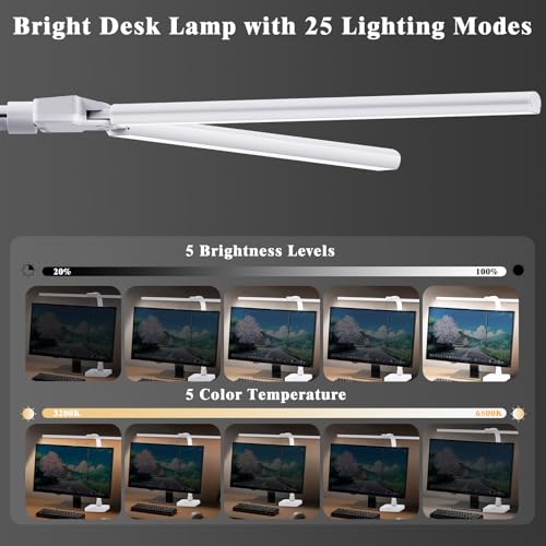GAEFURY LED Desk Lamp for Home Office, 24W Bright Desk Lamp with Phone Holder Base - 25 Lighting Modes Eye-Caring Desk Light Adjustable Gooseneck Lamp for Workbench Drafting Reading Study-White - color: White