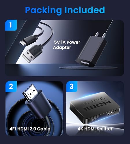4K HDMI Splitter 1 in 2 Out with Power Adapter and 4Ft Hdmi 2.0 Cable，Mirror 1 Source Screen to 2 Display Devices-Not for Extended Display, 1x2 HDMI Splitter Compatible with PS4, HDTV, Monitor