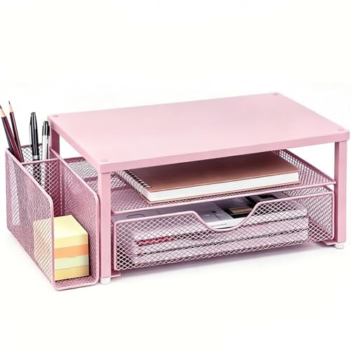 Spacrea Desk Organizer and Accessories, Computer Monitor Stand Riser with Drawer and 1 Open Pen Holder, Printer & Laptop Stand, Office Desk Accessories for Home Office Supplies (Pink) - color: Pink - Metal Drawer