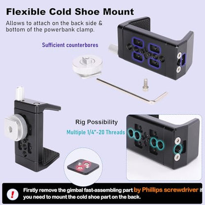 NICEYRIG Aluminum Power Bank Clamp for DJI RS 2 / RS 3 / RS 3 Pro, 50mm - 88mm Wide Range Universal Portable Charger Holder with Detachable Cold Shoe Mount for DSLR Camera, Gimbal System - 540