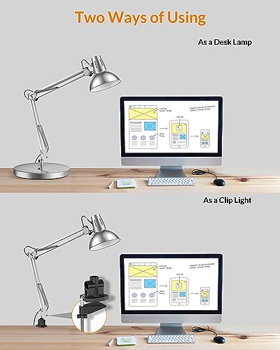 LEPOWER Metal Desk Lamp, Adjustable Goose Neck Architect Table Lamp with On/Off Switch, Swing Arm Desk Lamp with Clamp, Eye-Caring Reading Lamp for Bedroom, Study Room &Office (Silver) - color: Silver