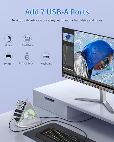 USB Hub 3.0, 7-Port USB Hub with RGB Night Light and Base, Vertical USB a Splitter for Desktop,Laptop, MacBook, Xbox, PS4/5, Game Console, Flash Drive, XPS, PC, Printer, Camera, Keyboard (Silver+Base) - color: Silver