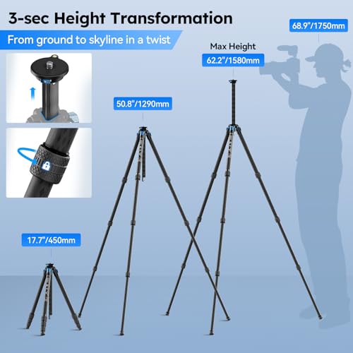 SIRUI AM-124 Carbon Fiber Tripod with Triangular Center Column, 62.6" Compact Travel Tripod for Camera, 4 Sections, Waterproof Twist Lock, Load 26.5lbs - size: 62.6 inches