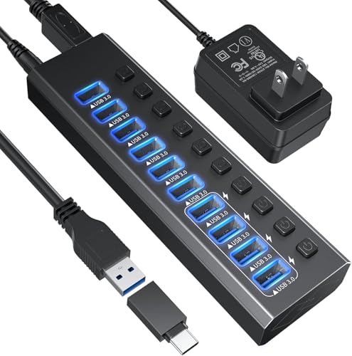 Powered USB 3.0 Hub Aluminum 10 Port USB 3.0 Data Hub with 12V/4A (48W) Power Adapter and Individual On/Off Switches & LED,USB Extension for MacBook, Mac Pro/Mini and More - color: 10 Port USB 3.0 Hub