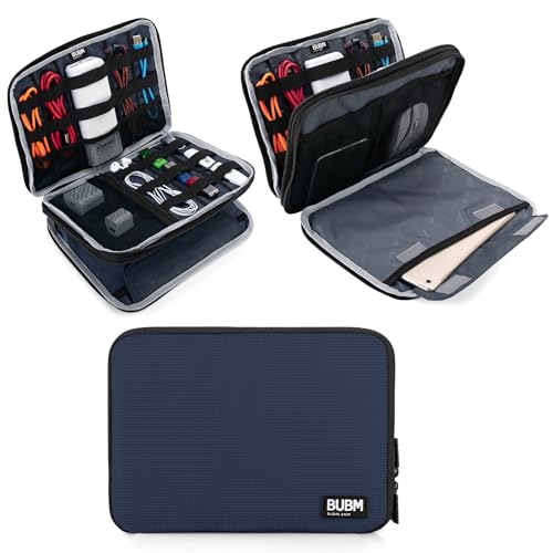 BUBM Double Layer Electronics Organizer, Travel Gadget Bag for Cables, Memory Cards, Flash Hard Drive and More, Fit for iPad or Tablet(up To 9.7")--Large, Dark Blue | Travel Gadget Bag For Cables, Memory Cards, Flash Hard Drive and More, Fit For iPad or T
