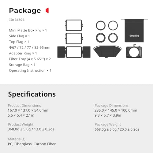 SmallRig Mini Matte Box Pro Flag Kit with Two 4 x 5.65 Filter Frame, Modular Anti-Glare System with Φ67/72/77/82-95mm Adapter Ring, Carbon Fiber Lightweight Design - size: Mini Matte Box Pro