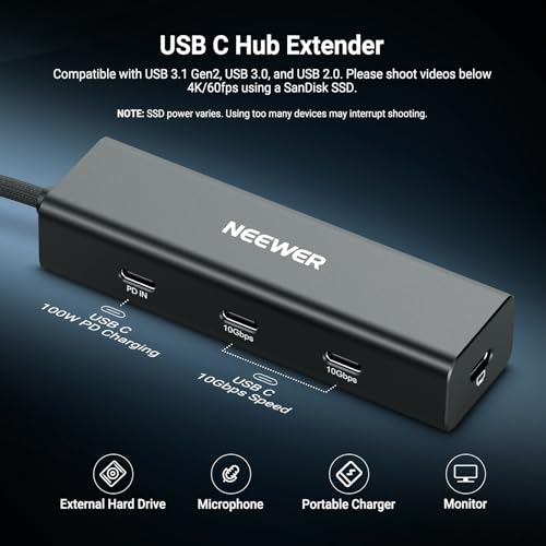 NEEWER USB C Hub Dock with Cold Shoe Mount, 4 in 1 USB 3.1 Gen2 Extender Multiport Adapter Dongle 100W PD Charging 10Gbps 4K 60Hz Compatible with iPhone iPad Mac Android Laptop Field Monitor, PS030E