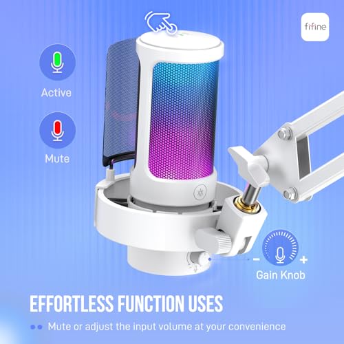 FIFINE Gaming PC USB Microphone Kit, Condenser RGB Mic with Metal Boom Arm, Mute, Gain Knob, Headphones Monitoring, Streaming Microphone Bundle for PS4/PS5, YouTube, Discord, Twitch-A8T White - size: A8TW-Boom Arm