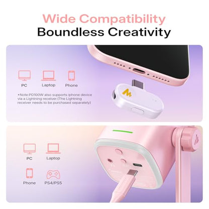MAONO PD100W Wireless USB Dynamic Microphone, Gaming PC Mic with One-Click Noise Reduction,Mute Button,Custom RGB,3.5mm Headphone Jack,Software,Podcast Streaming Mic (Boom Arm(USB-C Receiver), Pink) - color: Pink