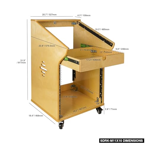 Sound Town DIY Solid Baltic Birch Plywood Studio Rack with 11U Slant Mixer Top, 10U Front, 2U Drawer, Rubber Feet, Casters, Golden Oak (SDRK-M11X10) - size: 10U,Golden Oak