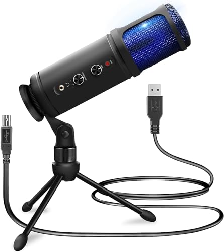 JOVIAL USB PC Recording Condenser Microphone - Blue LED, Adjustable Gain, Headphone Jack, Mute Control, Tripod Stand - Portable Pro Audio Condenser Desk Mic for Podcast Streaming Gaming