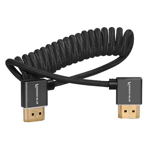 KONDOR BLUE | Right Angle Full HDMI 2.0 Coiled Cable 12"-24" Braided | Type A Male to Male, 3D, 4K 60Hz, 18Gbps, HDR | for On-Camera Monitors & Recorders + More | Black - color: Black