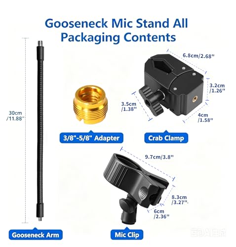 Gooseneck Microphone Stand,11.88" Flexible Adjustable Arm Mic Clip with Clip 3/8"-16 to 5/8"-27 Adapter Mount,Super Crab Desk & Pole Clamp Mic Holder Compatible with Shure/Fifine / AT2020 / Pyle/Blue