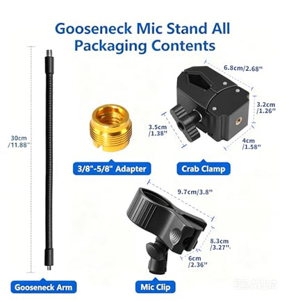 Gooseneck Microphone Stand,11.88" Flexible Adjustable Arm Mic Clip with Clip 3/8"-16 to 5/8"-27 Adapter Mount,Super Crab Desk & Pole Clamp Mic Holder Compatible with Shure/Fifine / AT2020 / Pyle/Blue