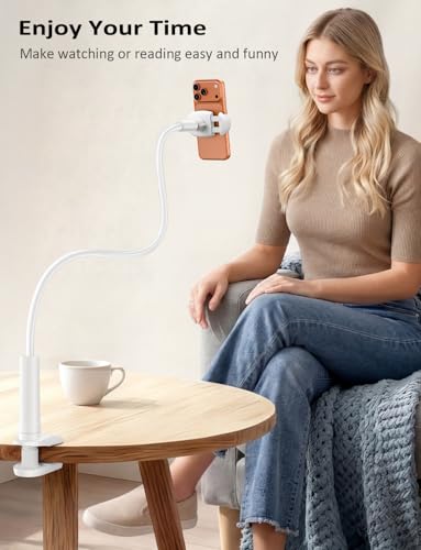 Tryone Gooseneck Phone Holder Stand for Bed Flexible Arm Adjustable Cell Phones Mount Clamp on Desk Bedframe Compatible with iPhone 14 Pro Max 13 12 11 X SE Series/Samsung S22 or Other 4"-7" Devices - color: White