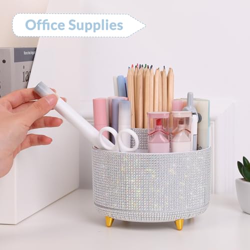 SKYDUE 360 Degree Rotating Desk Organizer, Shining Dual-Purpose Rhinestone Pencil Pen Holder, Rotating Desk Pen Organizer with 5 Slots, Rhinestone Pencil Cup for Office, School, Home - color: Crystal White