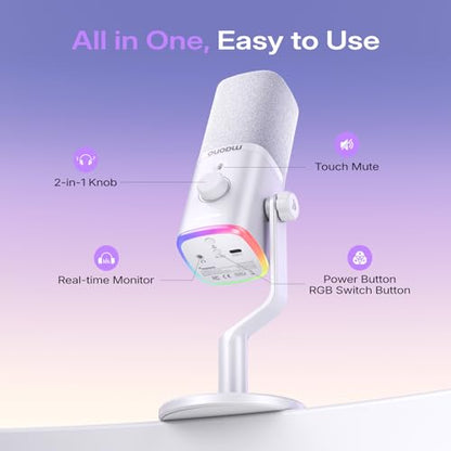 MAONO PD100W Wireless USB Dynamic Microphone, Gaming PC Mic with One-Click Noise Reduction,Mute Button,Custom RGB,3.5mm Headphone Jack,Software, Podcast Streaming Mic (Desktop(USB-C Receiver), White) - color: White