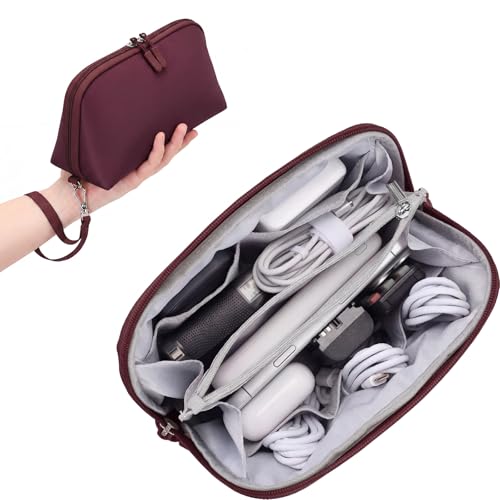 FYY Travel Cable Organizer - 8 Compartments, Lightweight, Water Repellent | With Wrist Strap, Portable Tech Pouch for Cord Charger, Travel and Business Trips Use, Soft Shell Nylon, Wine Red (Medium) - color: Wine Red, size: (M) 8.9"× 5.1"× 3.3"