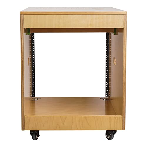 Sound Town 10U Solid Baltic Birch Plywood Studio Rack Desk with Slide-Out Tray, Rubber Feet, Casters, for Recording, Podcasts, Broadcasts, Streaming, Golden Oak (SDRK-ST10) - size: 10U, Golden Oak w/ Tray