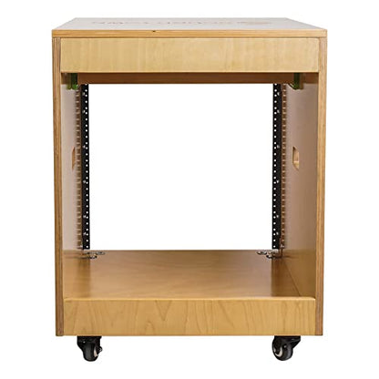 Sound Town 10U Solid Baltic Birch Plywood Studio Rack Desk with Slide-Out Tray, Rubber Feet, Casters, for Recording, Podcasts, Broadcasts, Streaming, Golden Oak (SDRK-ST10) - size: 10U, Golden Oak w/ Tray