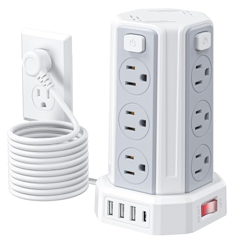 Power Strip Surge Protector, 10 Ft Extension Cord with 12 AC Multiple Outlets 4 USB (1 USB C), SMALLRT Power Tower Desktop Charging Station - color: White, size: 10 ft