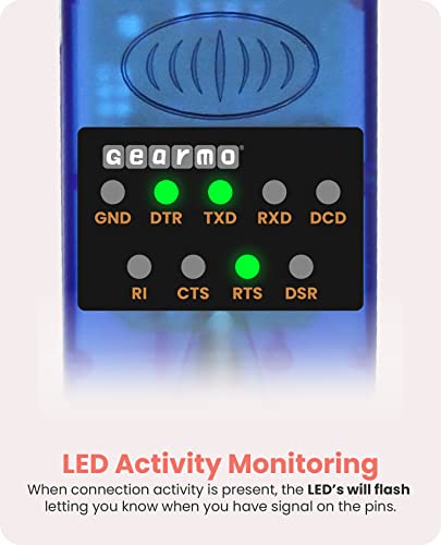 Gearmo USB to Serial RS-232 Adapter with LED Indicators, FTDI Chipset, Supports Windows 11/10/8.1/8/7, Mac OS X 10.6 and Above