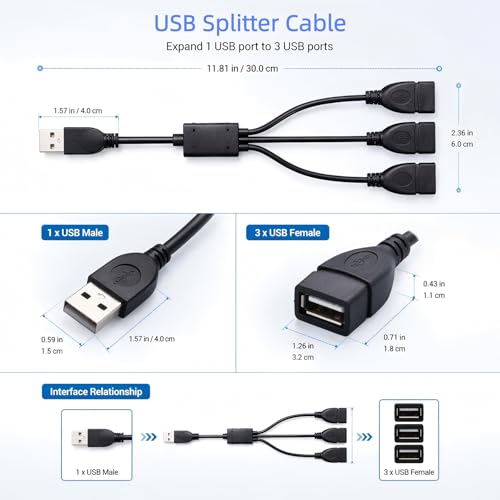 USB Splitter 1 in 3 Out, USB 2.0 Y Splitter Cable, Male to 3 Female, Portable USB Hub for Laptop, PC, Car, PS5, Xbox - Data Transfer & Shared Charging