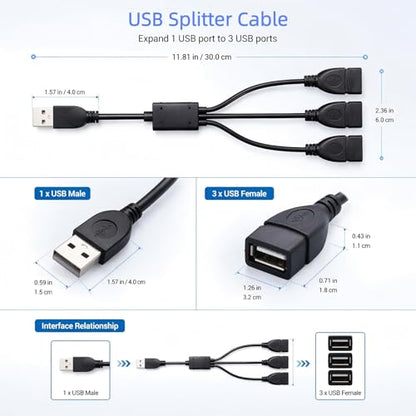 USB Splitter 1 in 3 Out, USB 2.0 Y Splitter Cable, Male to 3 Female, Portable USB Hub for Laptop, PC, Car, PS5, Xbox - Data Transfer & Shared Charging